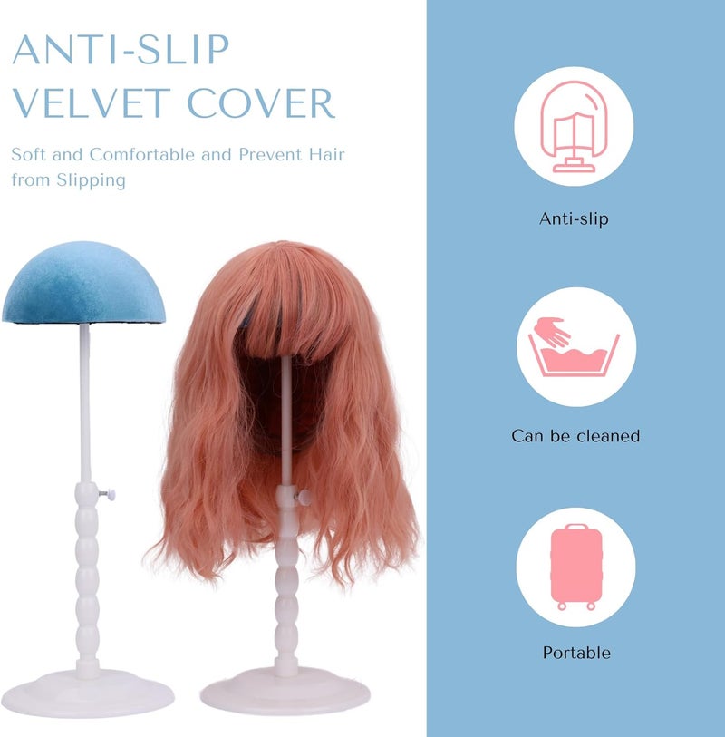 lightmay Wig Stand - Plastic Wig Stand 2 Packs Portable Foldable Wig Hat with Velvet Cover Holder Height Adjustable (12-18.8 Inches) Easy to Install Support Wig Display Stand (white) - Image 2